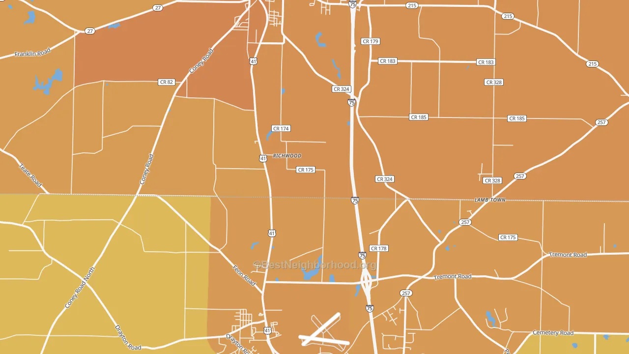 Map of the best neighborhoods in the Richwood area, with better matches in green and worse matches in red