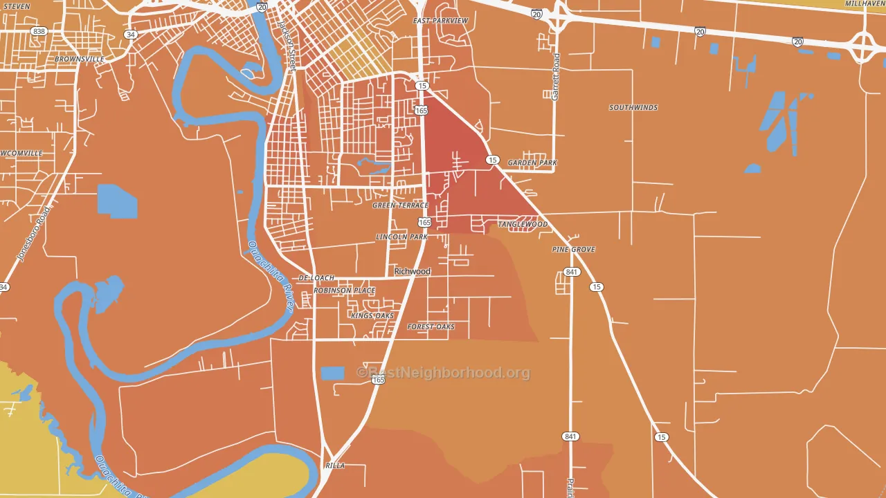 Map of the best neighborhoods in the Richwood area, with better matches in green and worse matches in red