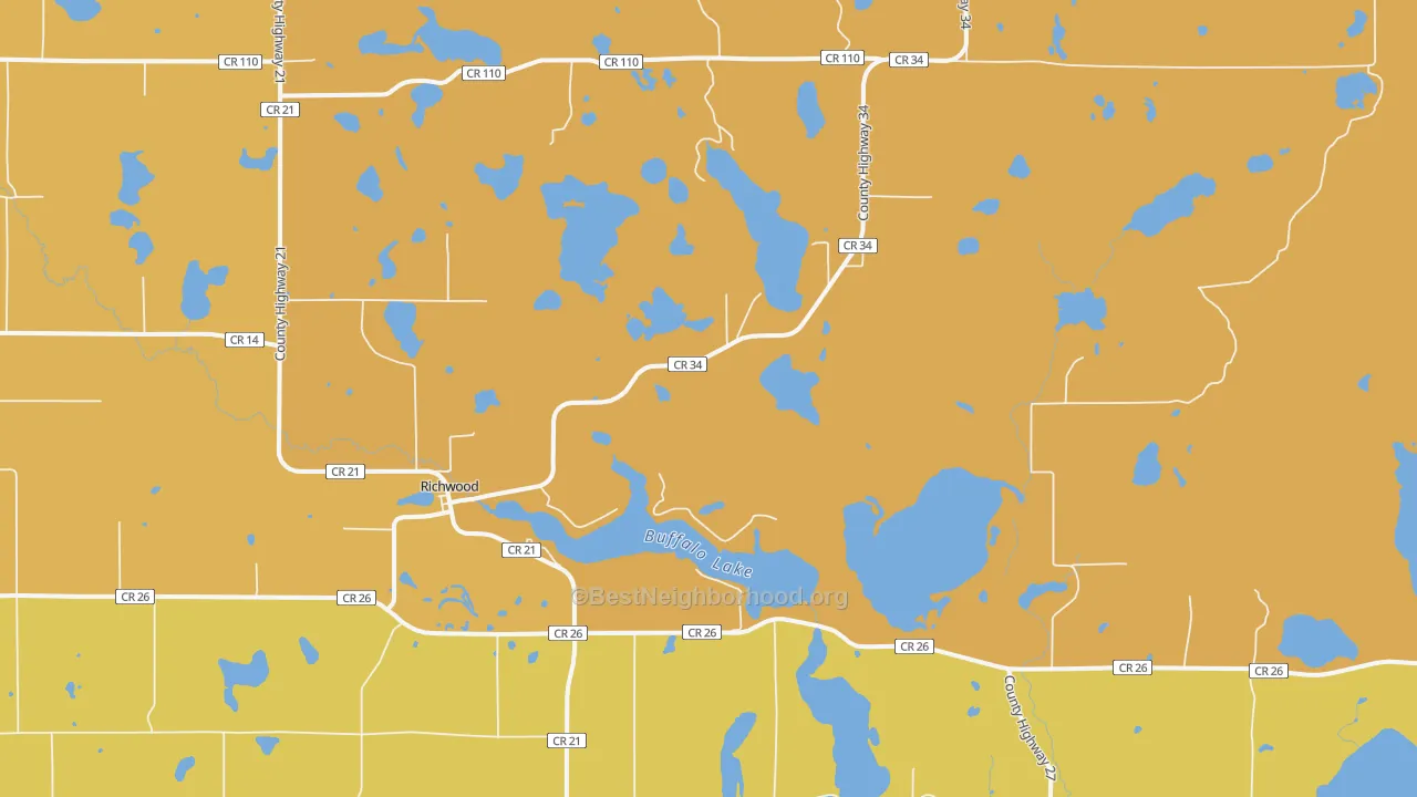 Map of the best neighborhoods in the Richwood area, with better matches in green and worse matches in red