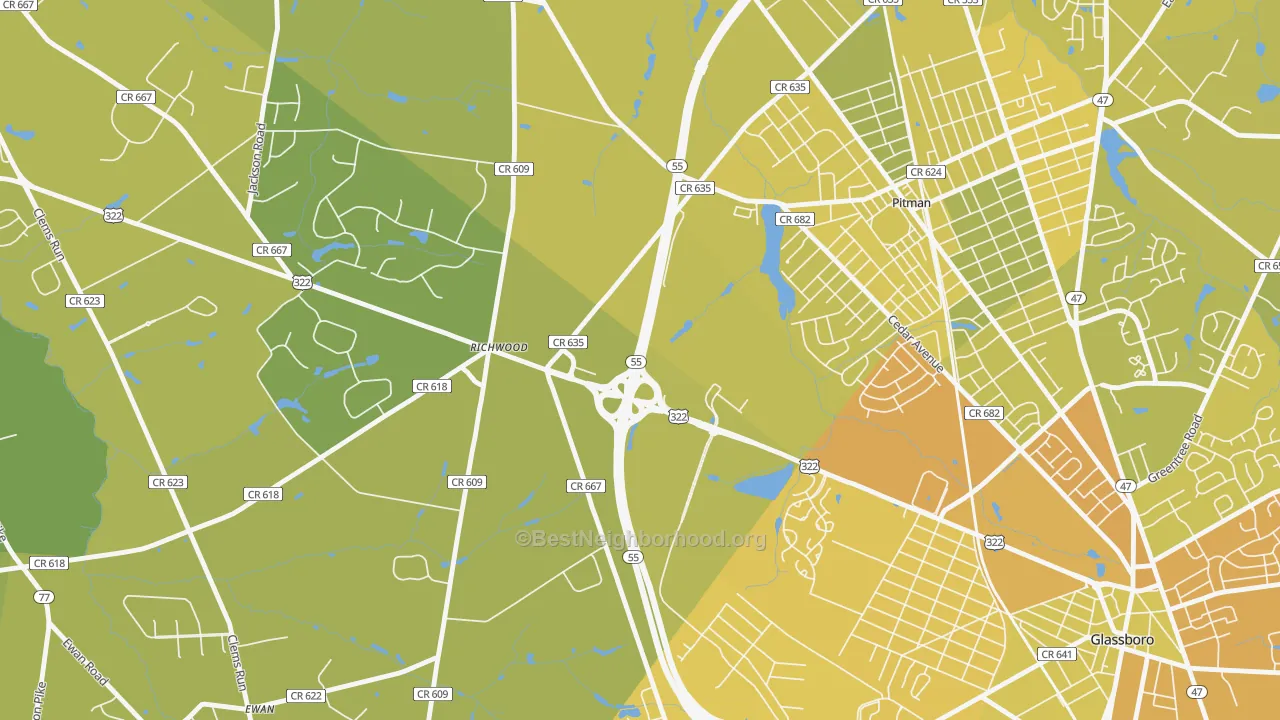 Map of the best neighborhoods in the Richwood area, with better matches in green and worse matches in red