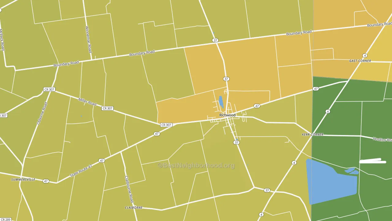 Map of the best neighborhoods in the Richwood area, with better matches in green and worse matches in red