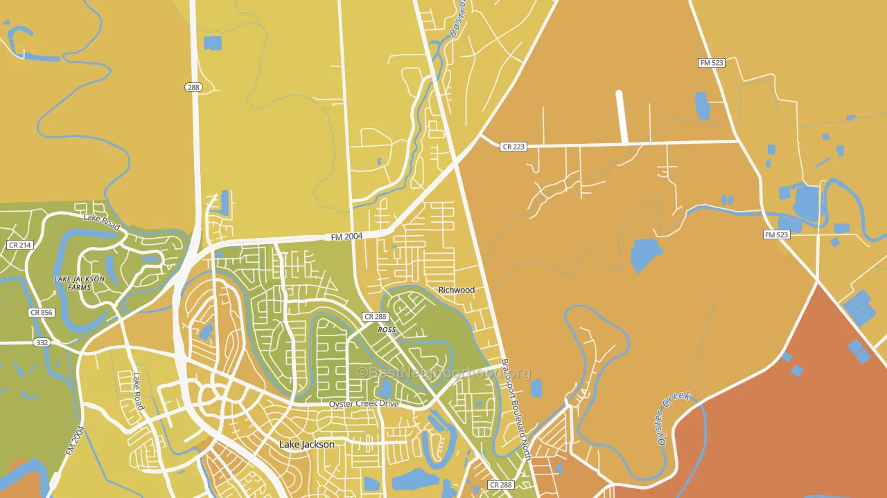 Map of the best neighborhoods in the Richwood area, with better matches in green and worse matches in red
