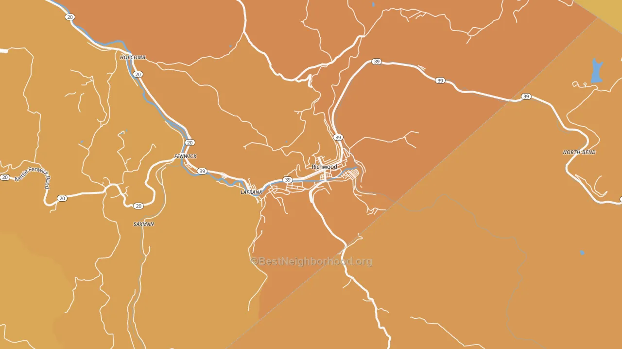 Map of the best neighborhoods in the Richwood area, with better matches in green and worse matches in red