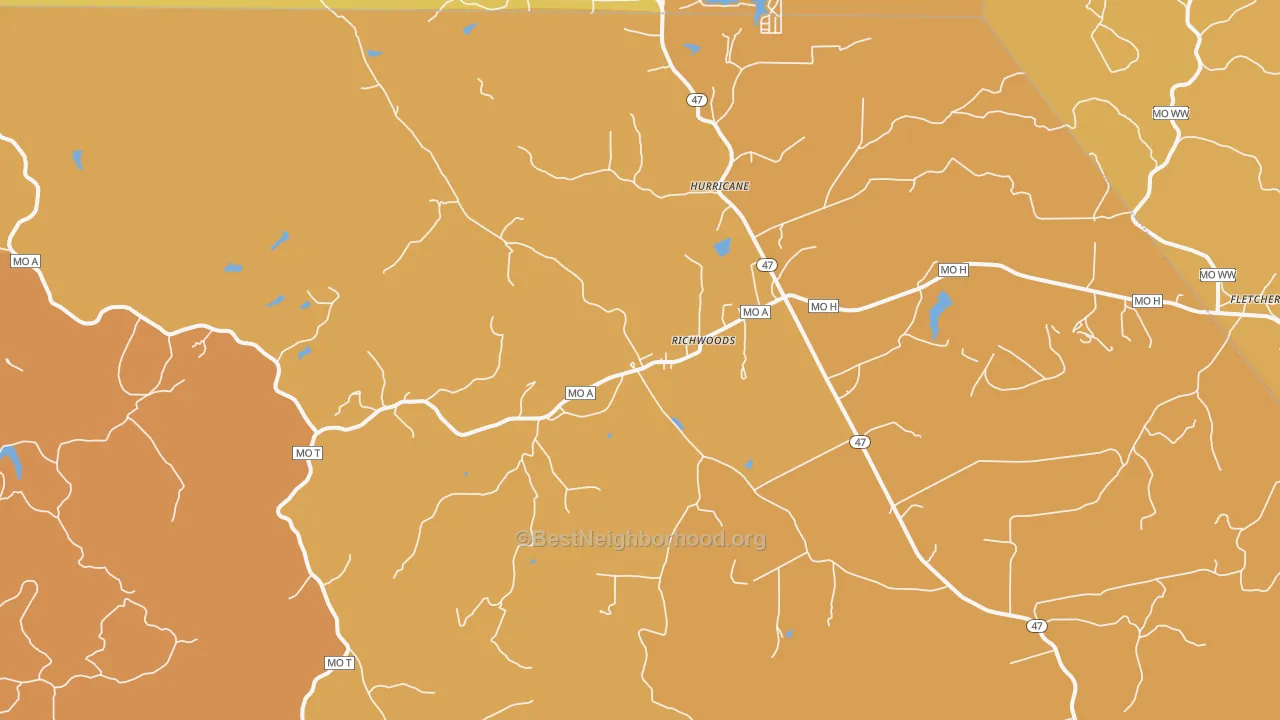 Map of the best neighborhoods in the Richwoods area, with better matches in green and worse matches in red