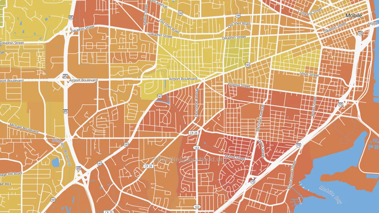 Map of the best neighborhoods in the Rickarby, Mobile area, with better matches in green and worse matches in red