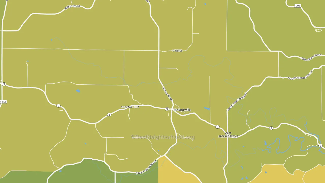 Map of the best neighborhoods in the Rickardsville area, with better matches in green and worse matches in red