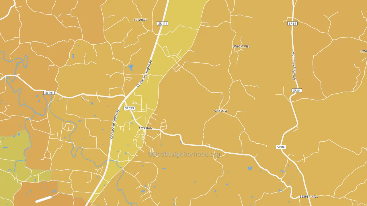 Map of the best neighborhoods in the Rickman area, with better matches in green and worse matches in red