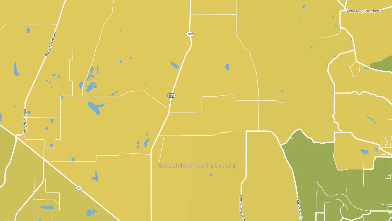 Map of the best neighborhoods in the Rickreall area, with better matches in green and worse matches in red