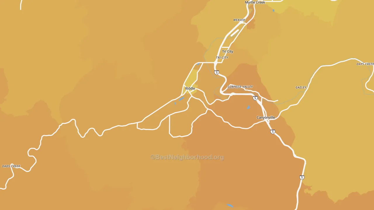 Map of the best neighborhoods in the Riddle area, with better matches in green and worse matches in red