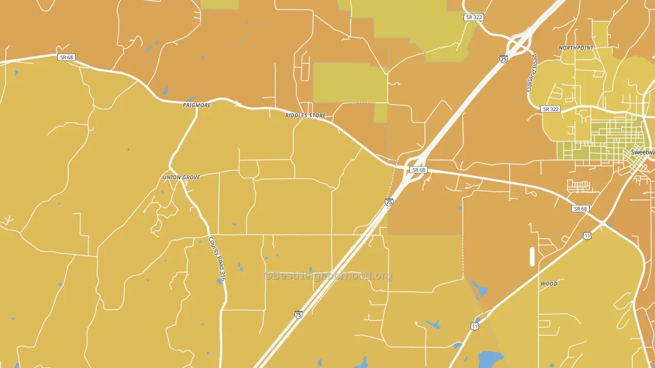 Map of the best neighborhoods in the Riddles Store area, with better matches in green and worse matches in red