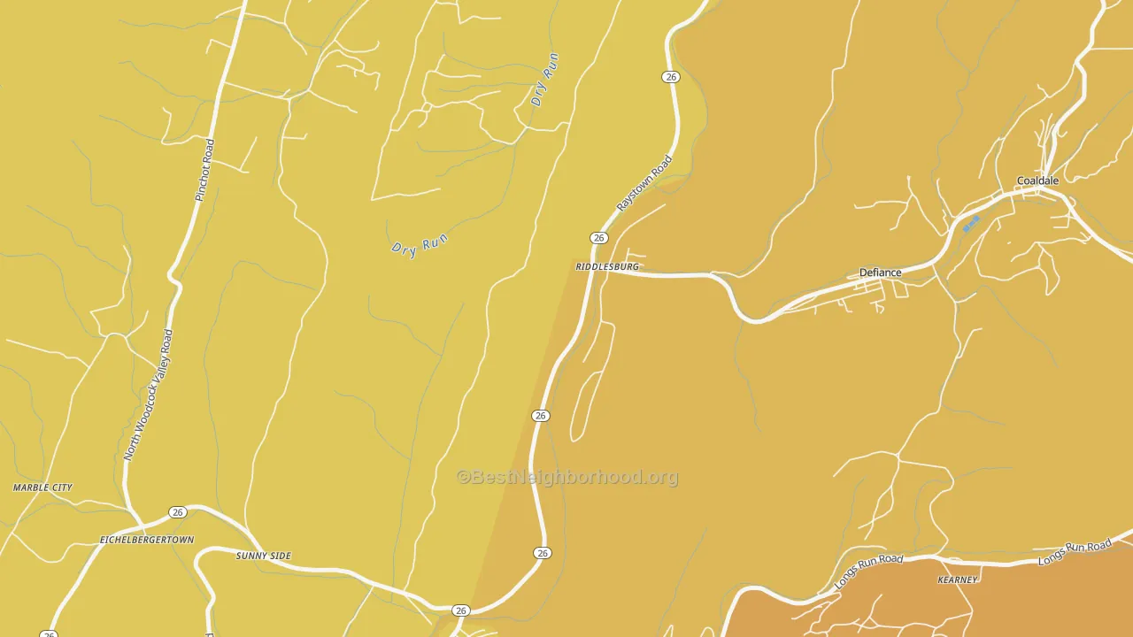 Map of the best neighborhoods in the Riddlesburg area, with better matches in green and worse matches in red