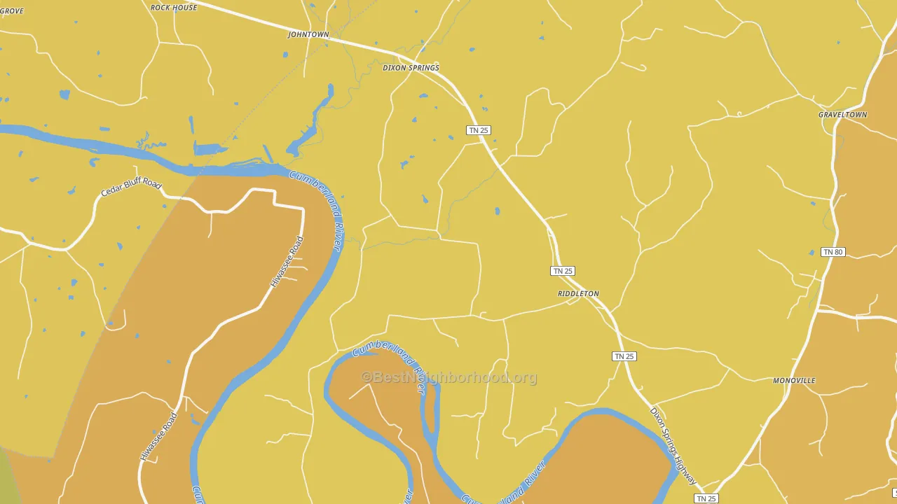 Map of the best neighborhoods in the Riddleton area, with better matches in green and worse matches in red