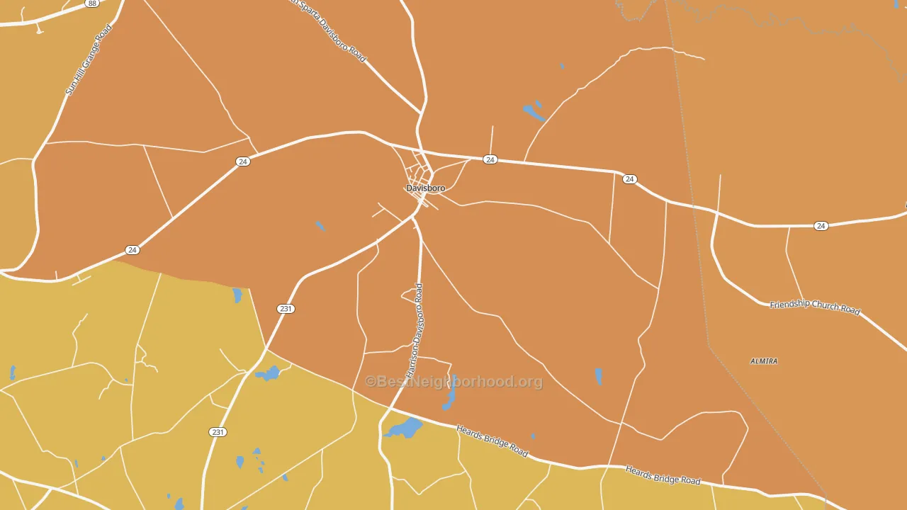 Map of the best neighborhoods in the Riddleville area, with better matches in green and worse matches in red