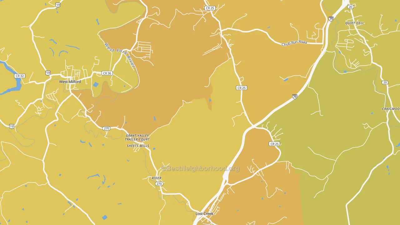 Map of the best neighborhoods in the Rider area, with better matches in green and worse matches in red