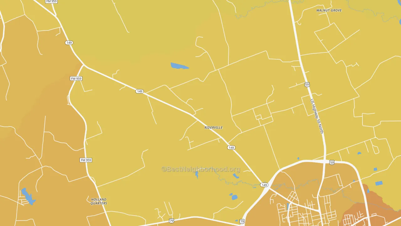 Map of the best neighborhoods in the Riderville area, with better matches in green and worse matches in red