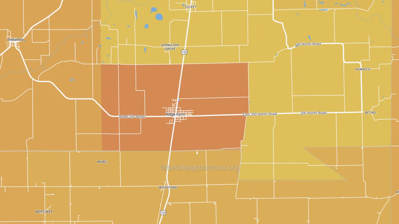 Map of the best neighborhoods in the Ridge Farm area, with better matches in green and worse matches in red