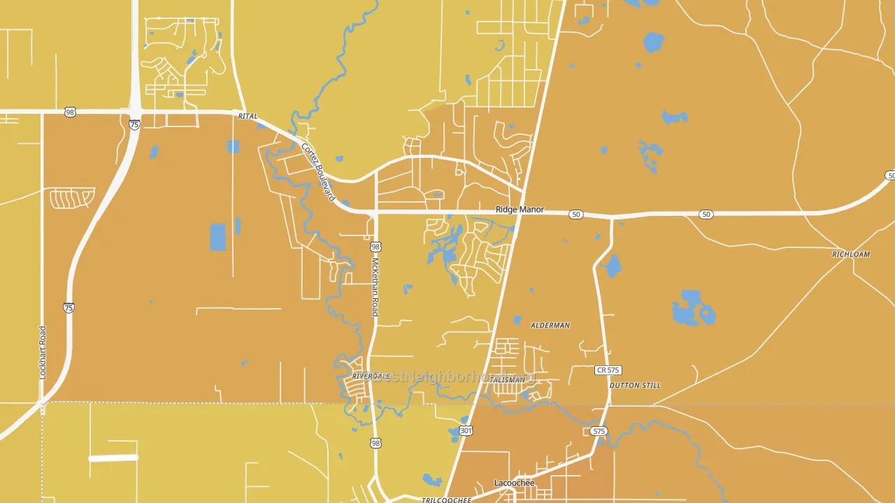 Map of the best neighborhoods in the Ridge Manor area, with better matches in green and worse matches in red