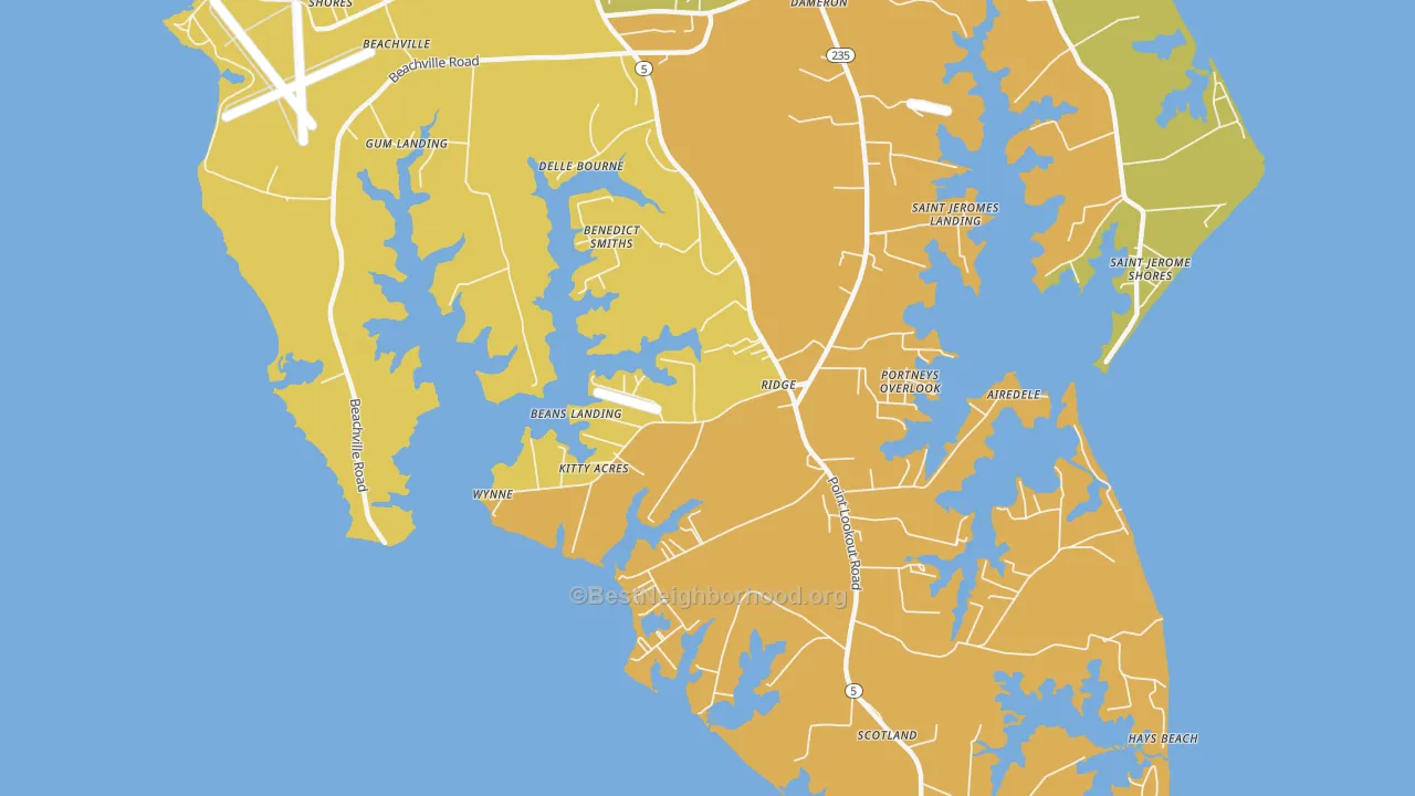 Map of the best neighborhoods in the Ridge area, with better matches in green and worse matches in red