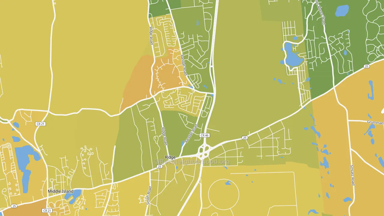 Map of the best neighborhoods in the Ridge area, with better matches in green and worse matches in red