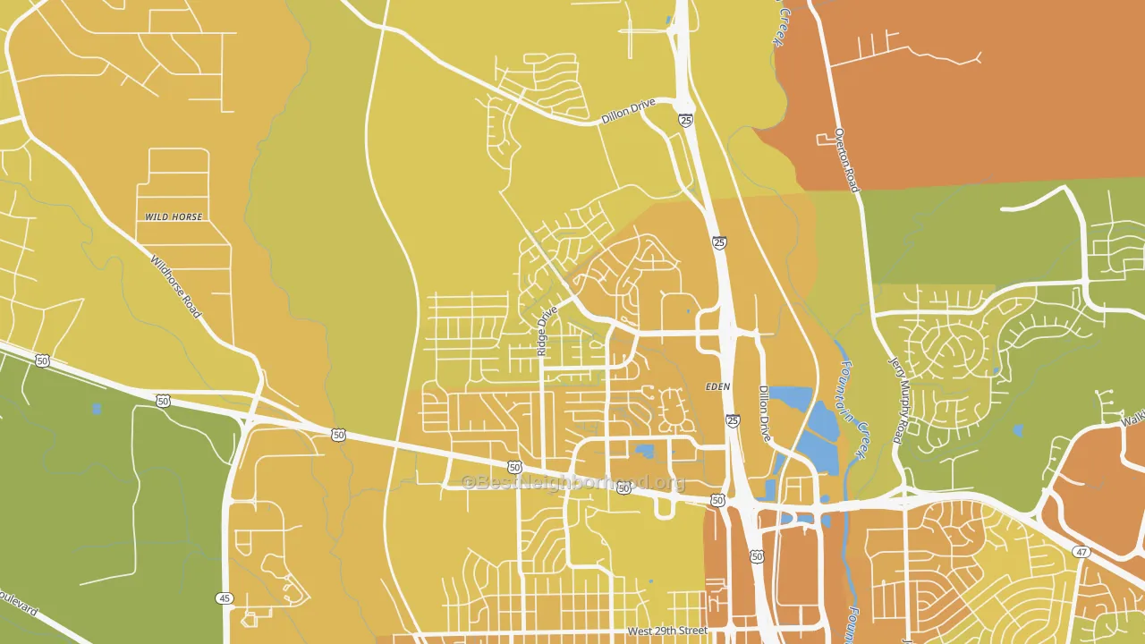 Map of the best neighborhoods in the Ridge, Pueblo area, with better matches in green and worse matches in red