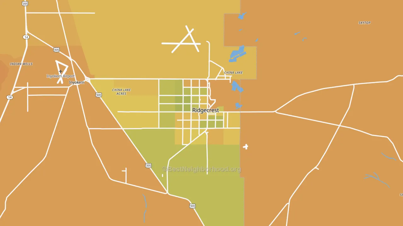 Map of the best neighborhoods in the Ridgecrest area, with better matches in green and worse matches in red