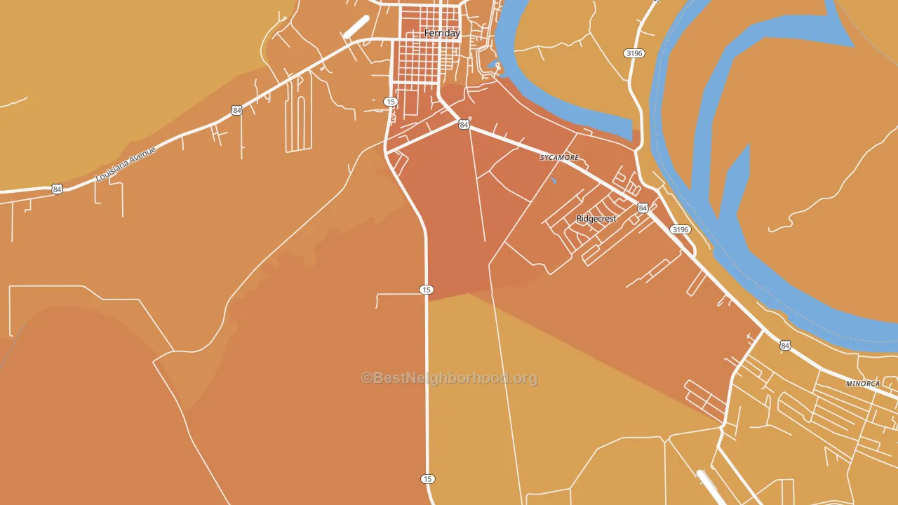 Map of the best neighborhoods in the Ridgecrest area, with better matches in green and worse matches in red