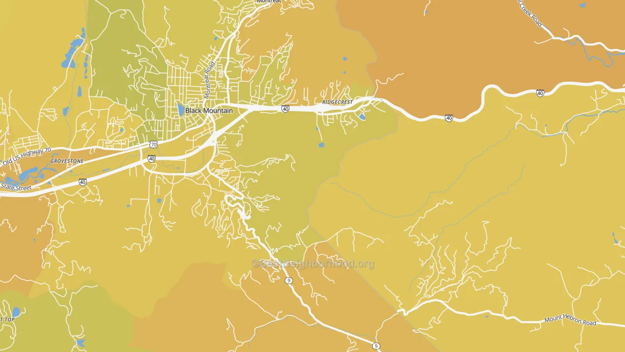 Map of the best neighborhoods in the Ridgecrest area, with better matches in green and worse matches in red