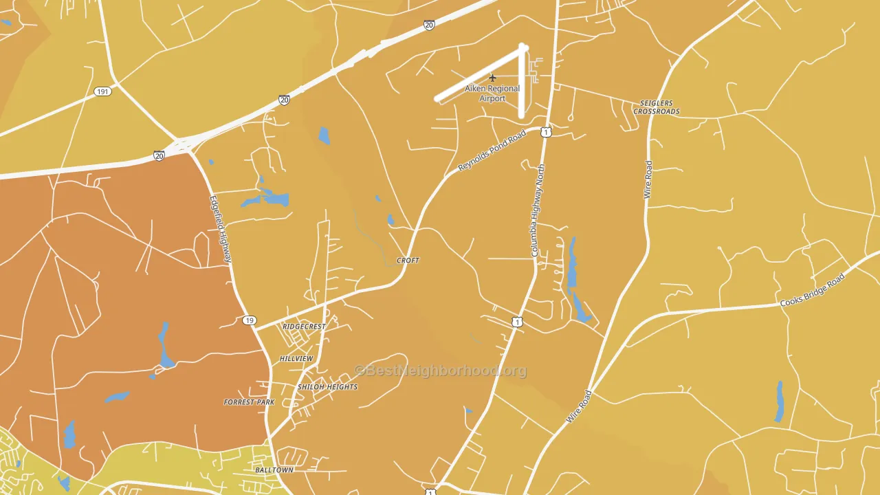 Map of the best neighborhoods in the Ridgecrest area, with better matches in green and worse matches in red