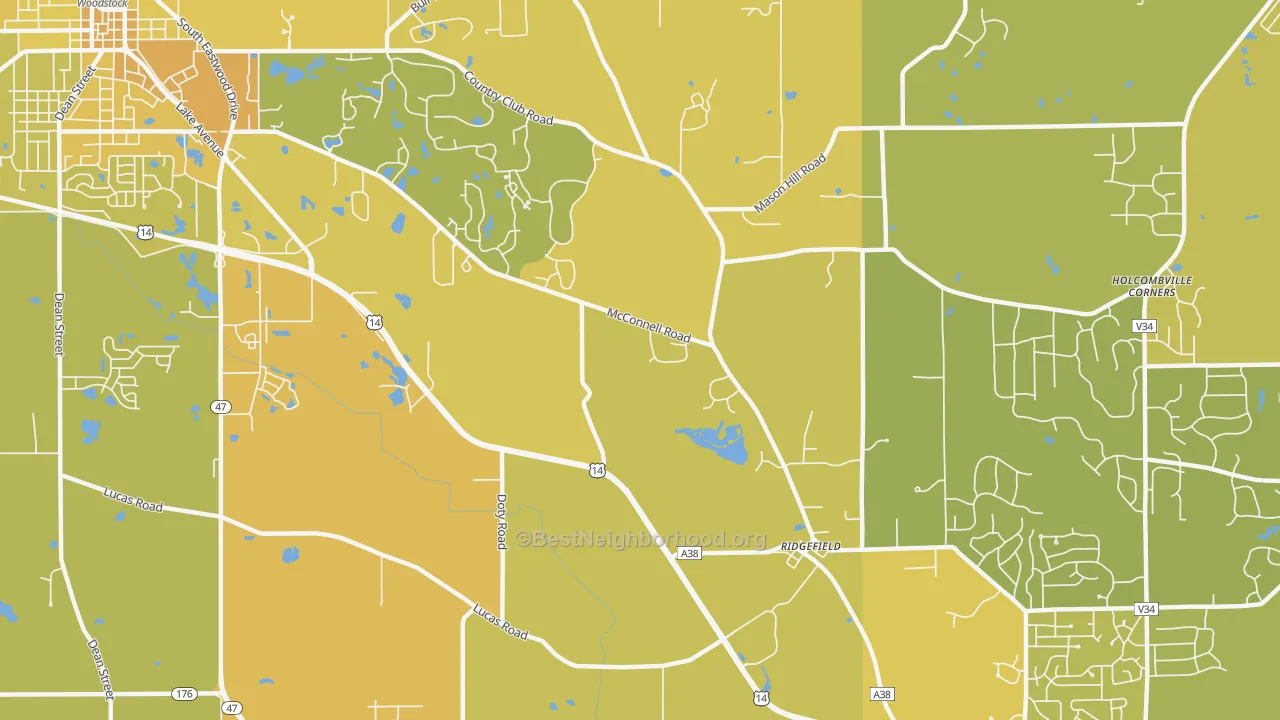 Map of the best neighborhoods in the Ridgefield area, with better matches in green and worse matches in red