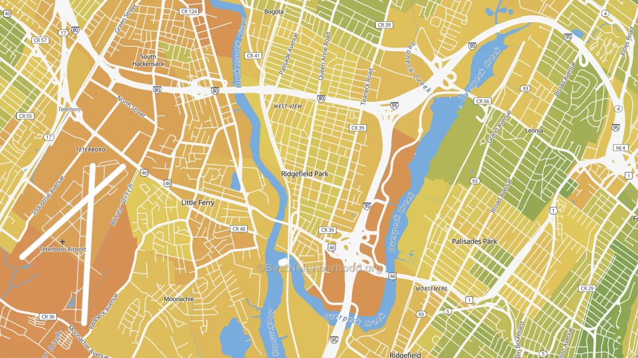 Map of the best neighborhoods in the Ridgefield Park area, with better matches in green and worse matches in red