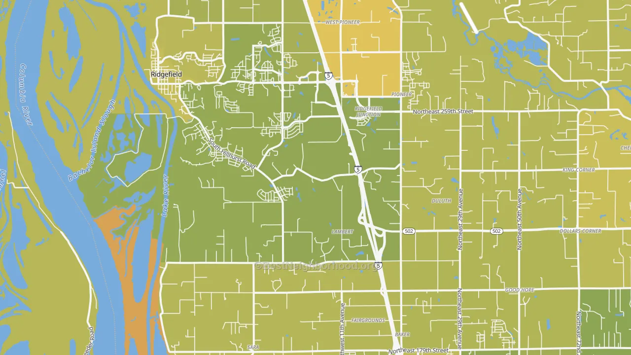 Map of the best neighborhoods in the Ridgefield area, with better matches in green and worse matches in red