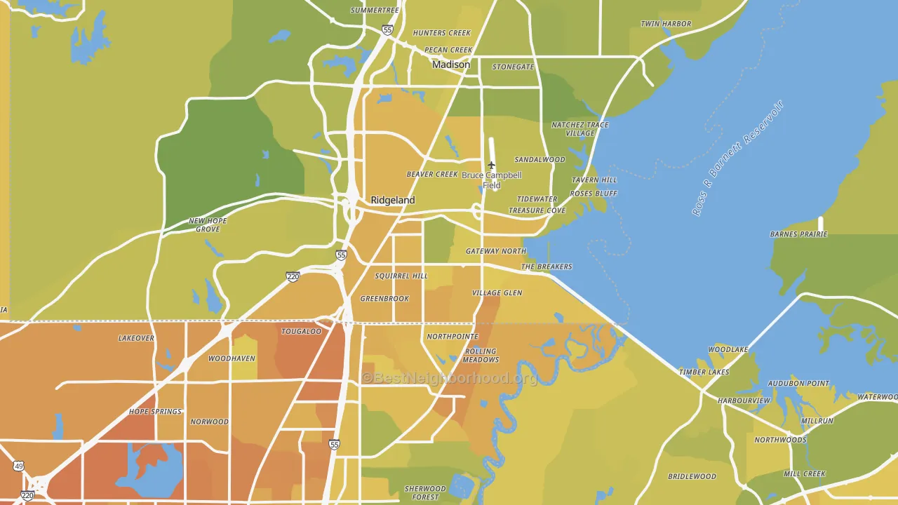 Map of the best neighborhoods in the Ridgeland area, with better matches in green and worse matches in red