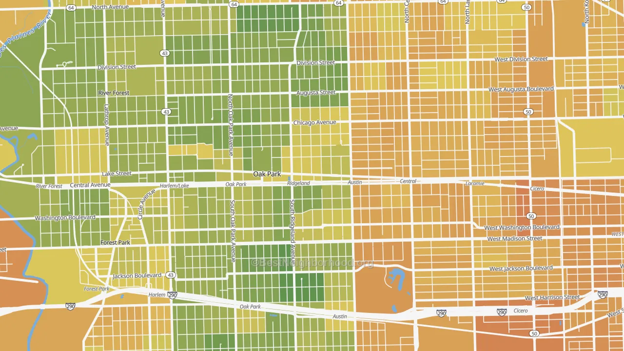 Map of the best neighborhoods in the Ridgeland, Oak Park area, with better matches in green and worse matches in red