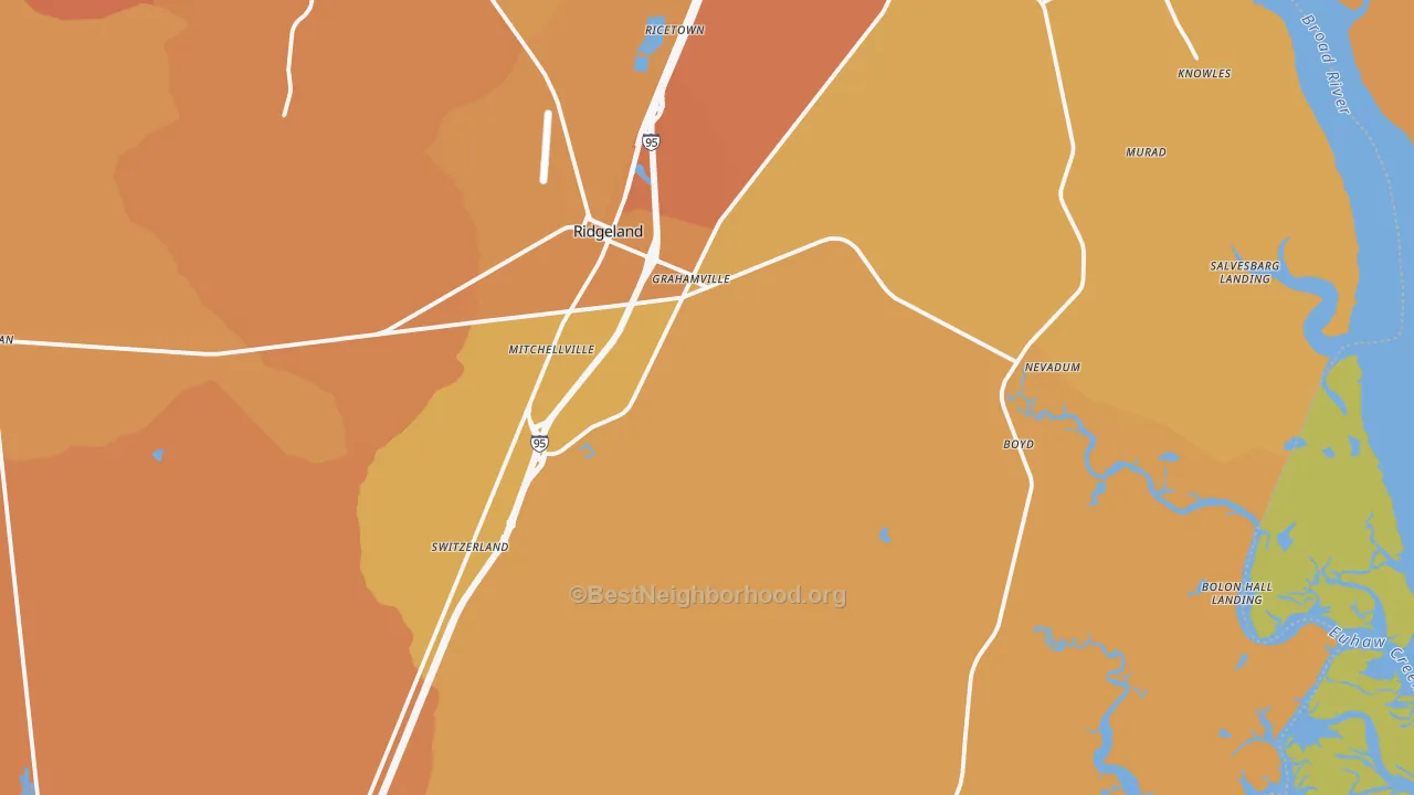 Map of the best neighborhoods in the Ridgeland area, with better matches in green and worse matches in red