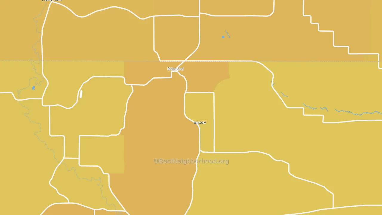 Map of the best neighborhoods in the Ridgeland area, with better matches in green and worse matches in red