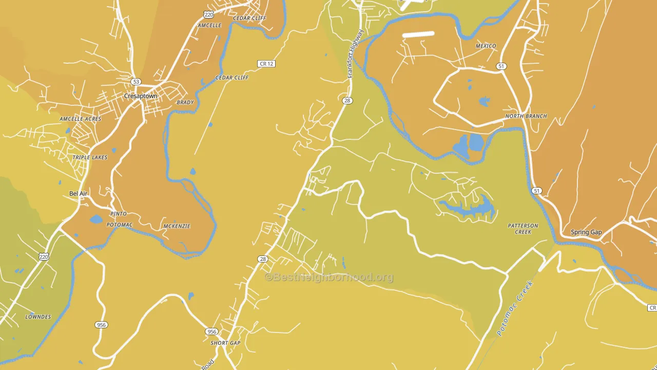 Map of the best neighborhoods in the Ridgeley area, with better matches in green and worse matches in red