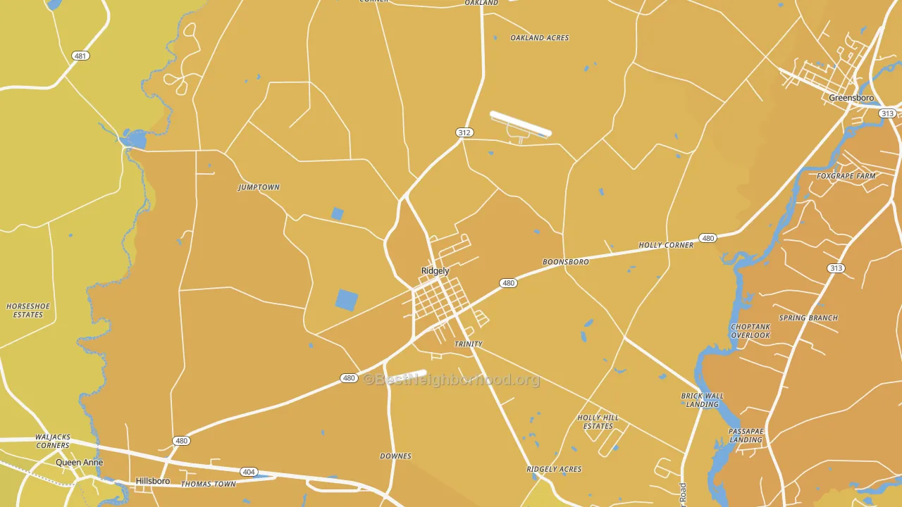Map of the best neighborhoods in the Ridgely area, with better matches in green and worse matches in red