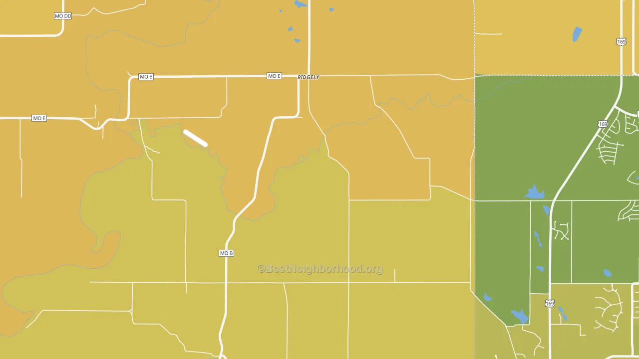 Map of the best neighborhoods in the Ridgely area, with better matches in green and worse matches in red