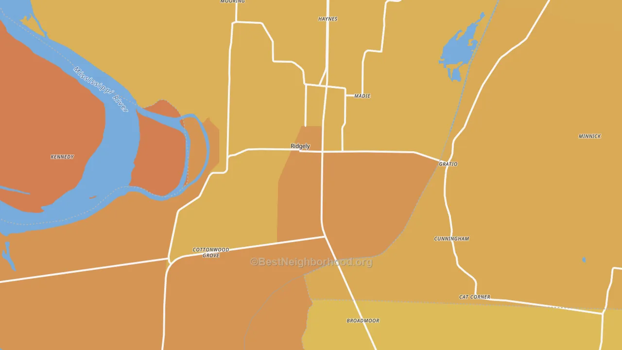 Map of the best neighborhoods in the Ridgely area, with better matches in green and worse matches in red