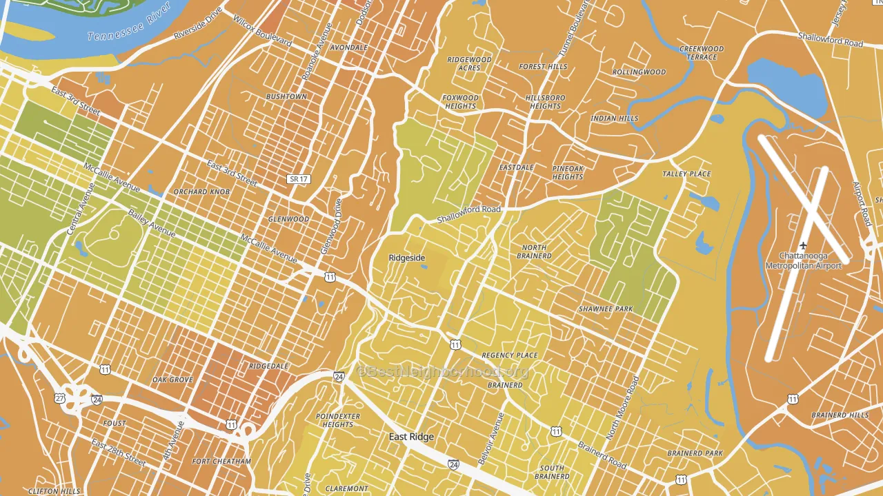 Map of the best neighborhoods in the Ridgeside area, with better matches in green and worse matches in red