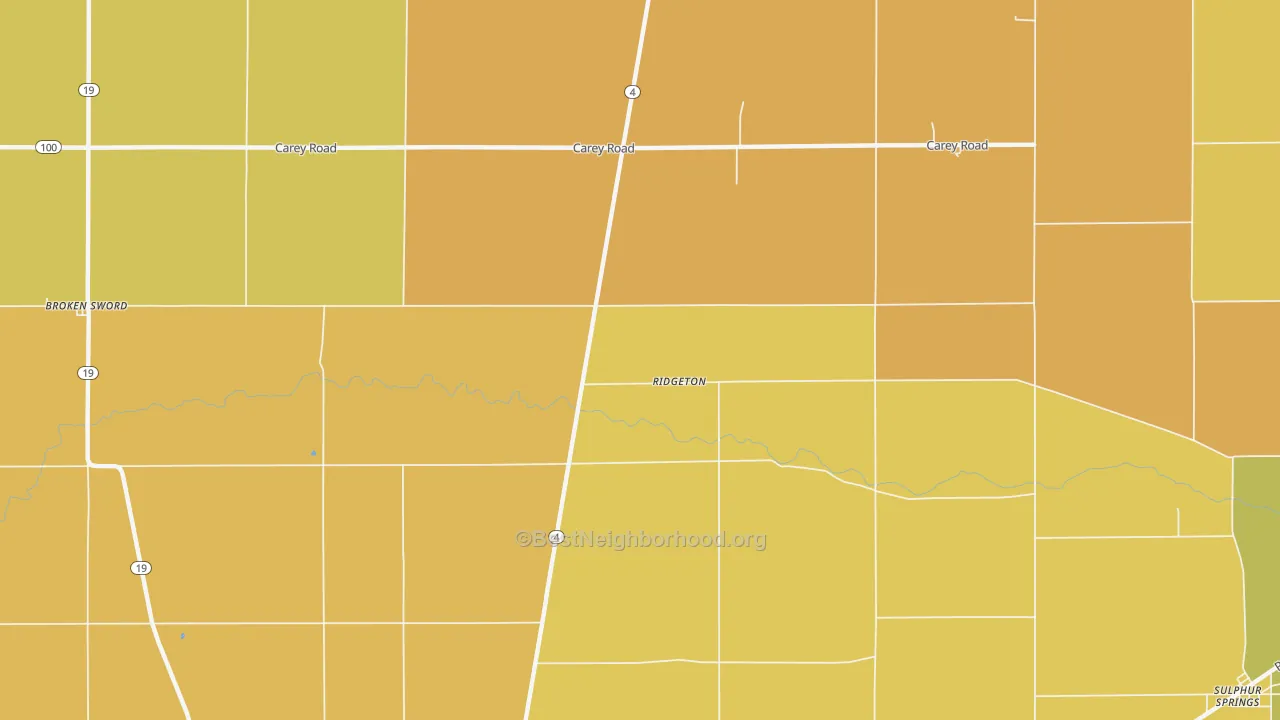 Map of the best neighborhoods in the Ridgeton area, with better matches in green and worse matches in red