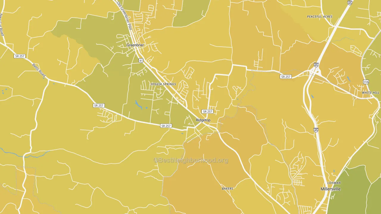 Map of the best neighborhoods in the Ridgetop area, with better matches in green and worse matches in red