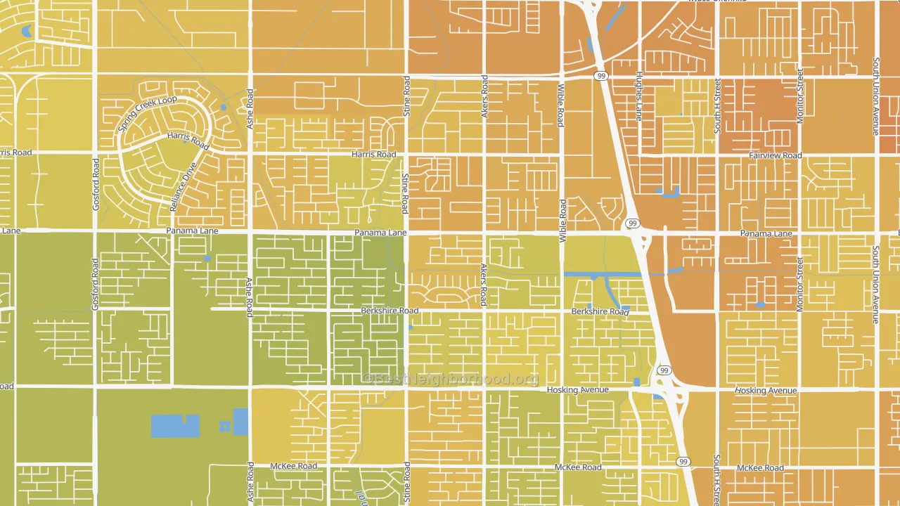 Map of the best neighborhoods in the Ridgeview Estates, Bakersfield area, with better matches in green and worse matches in red