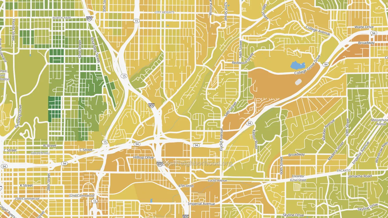 Map of the best neighborhoods in the Ridgeview-Webster, San Diego area, with better matches in green and worse matches in red