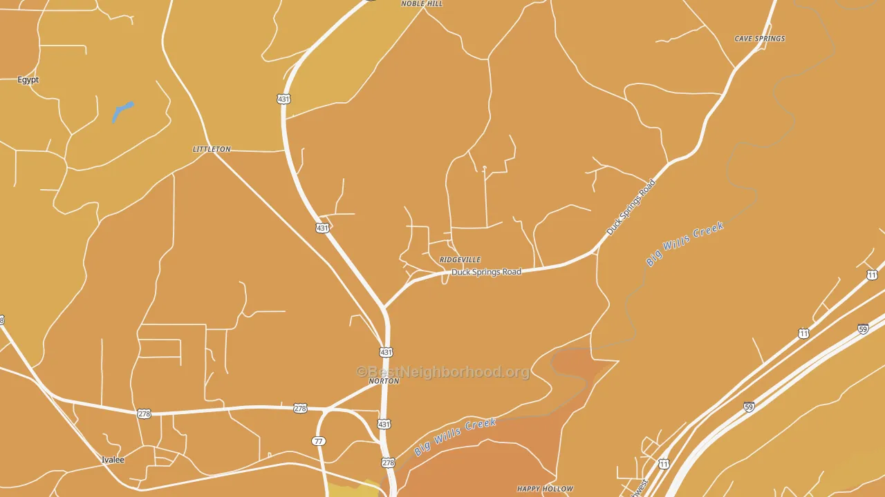 Map of the best neighborhoods in the Ridgeville area, with better matches in green and worse matches in red