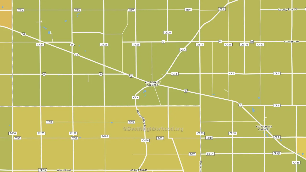 Map of the best neighborhoods in the Ridgeville Corners area, with better matches in green and worse matches in red