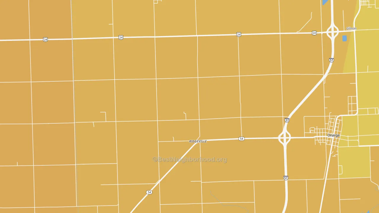Map of the best neighborhoods in the Ridgeville area, with better matches in green and worse matches in red