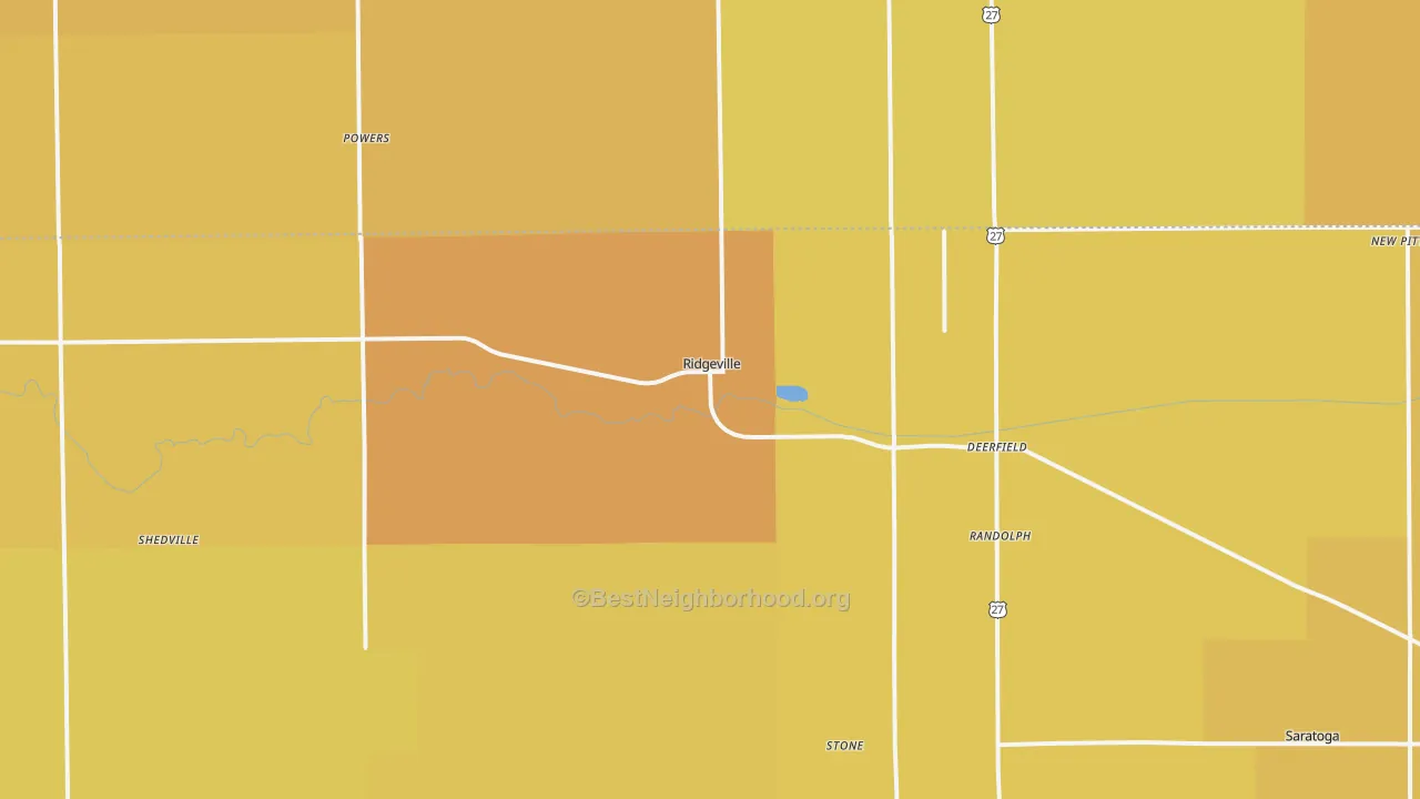 Map of the best neighborhoods in the Ridgeville area, with better matches in green and worse matches in red