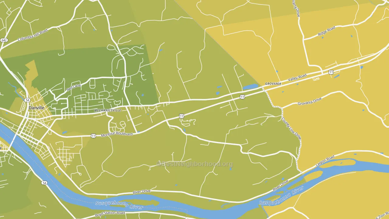 Map of the best neighborhoods in the Ridgeville area, with better matches in green and worse matches in red