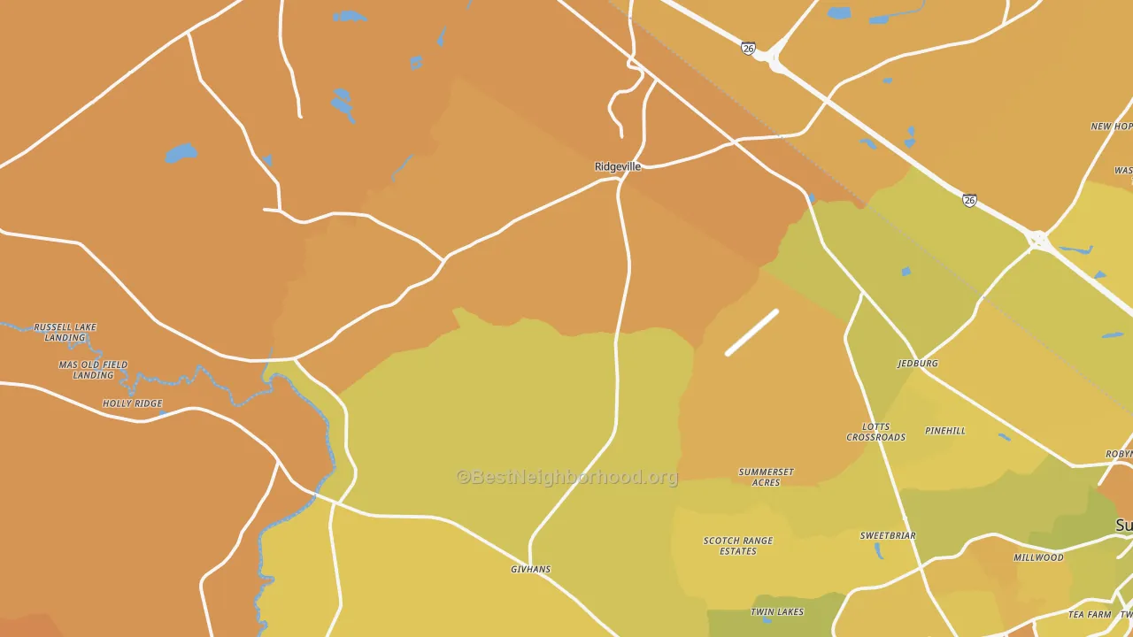 Map of the best neighborhoods in the Ridgeville area, with better matches in green and worse matches in red